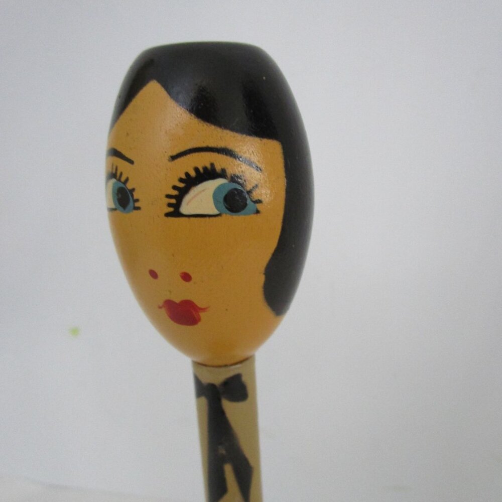 Egg Head Flapper Wooden Hat Stand Painted Blue Eyes Lathe Turned Millinery Decor